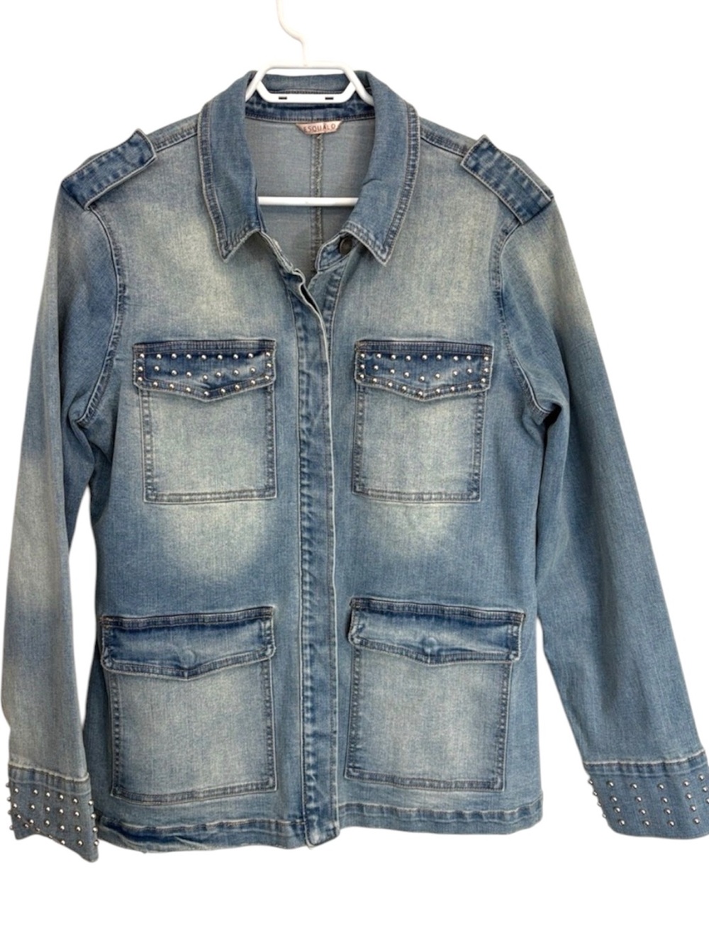 Esqualo Studded Denim Jacket Embellished Blue Jean Utility Jacket with Pockets M
